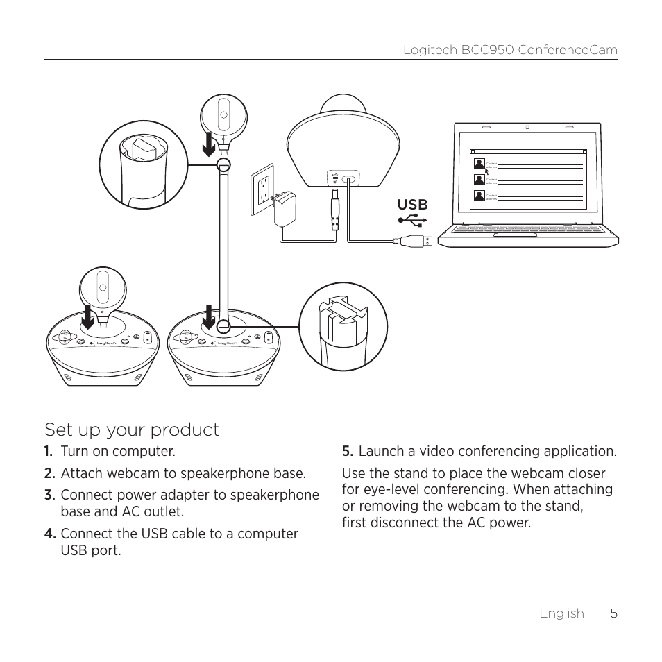 Set up your product | Logitech ConferenceCam BCC950 User Manual | Page 5 / 68