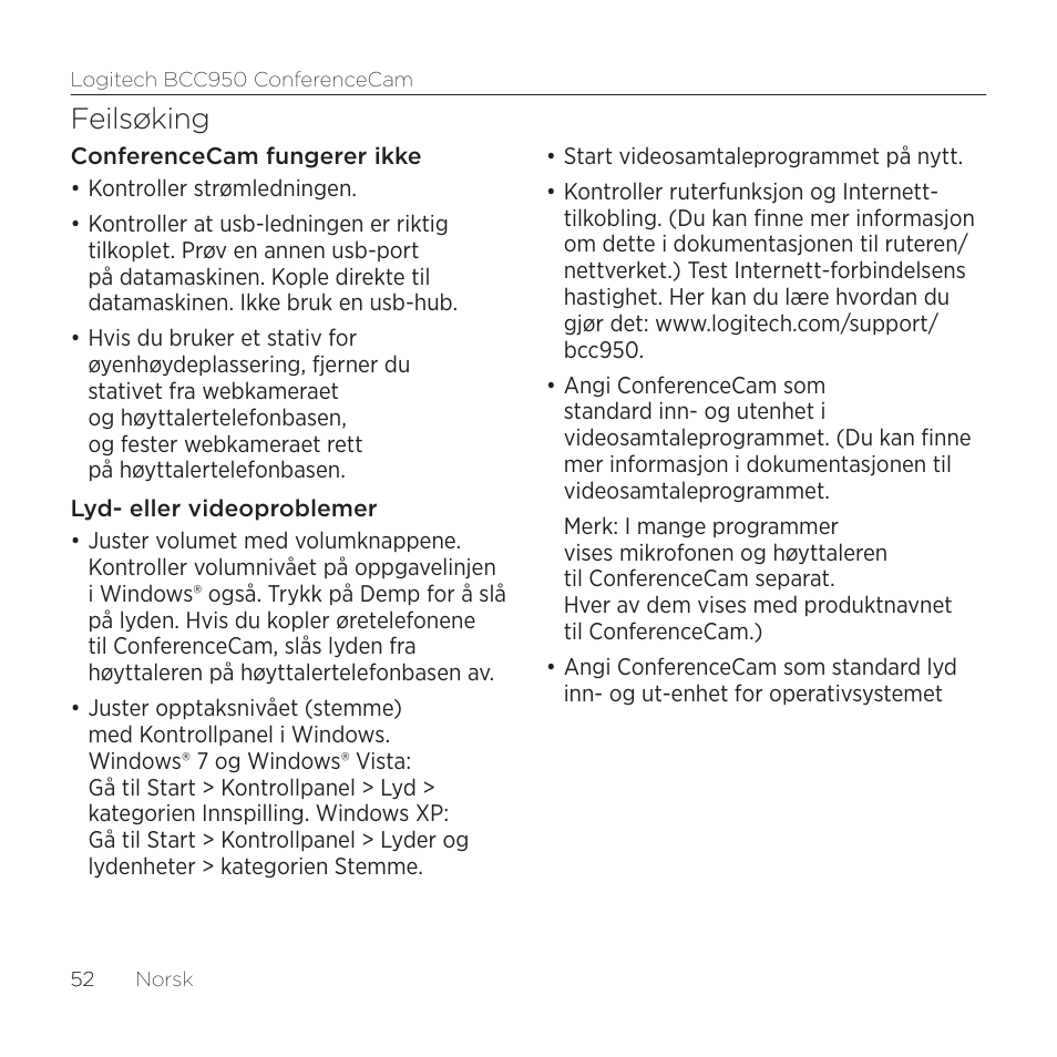 Feilsøking | Logitech ConferenceCam BCC950 User Manual | Page 52 / 68