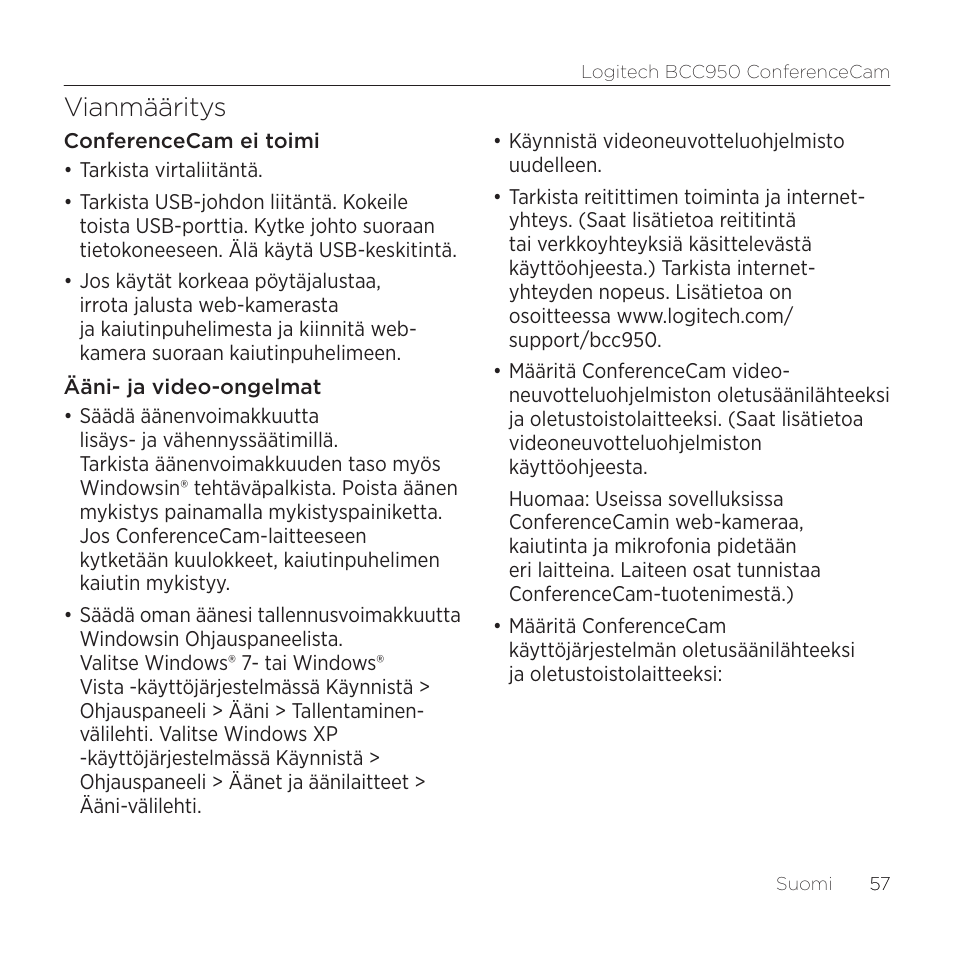 Vianmääritys | Logitech ConferenceCam BCC950 User Manual | Page 57 / 68