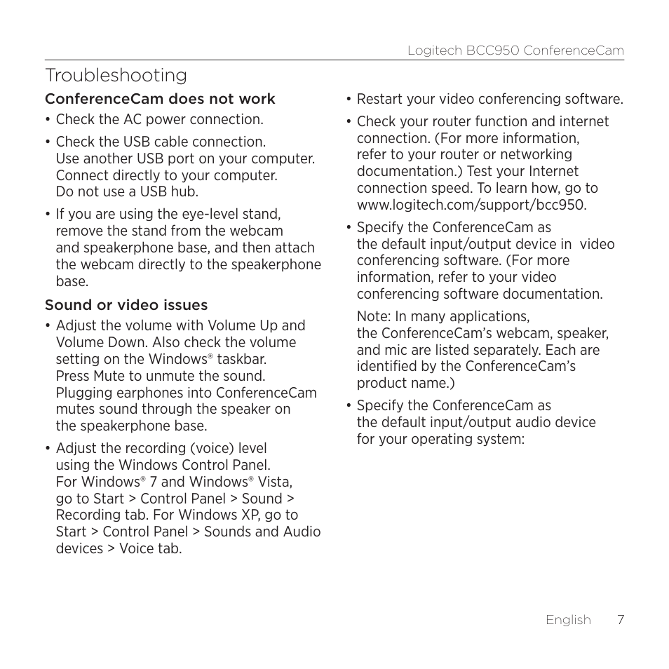 Troubleshooting | Logitech ConferenceCam BCC950 User Manual | Page 7 / 68