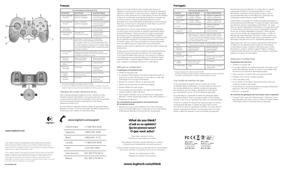 Back.pdf, Français, Utilisation des modes d'interface de jeu | Aide pour la configuration, Usar modos de interface de jogo, Ajuda para a configuração | Logitech Wireless Gamepad F710 940-000117 User Manual | Page 2 / 2