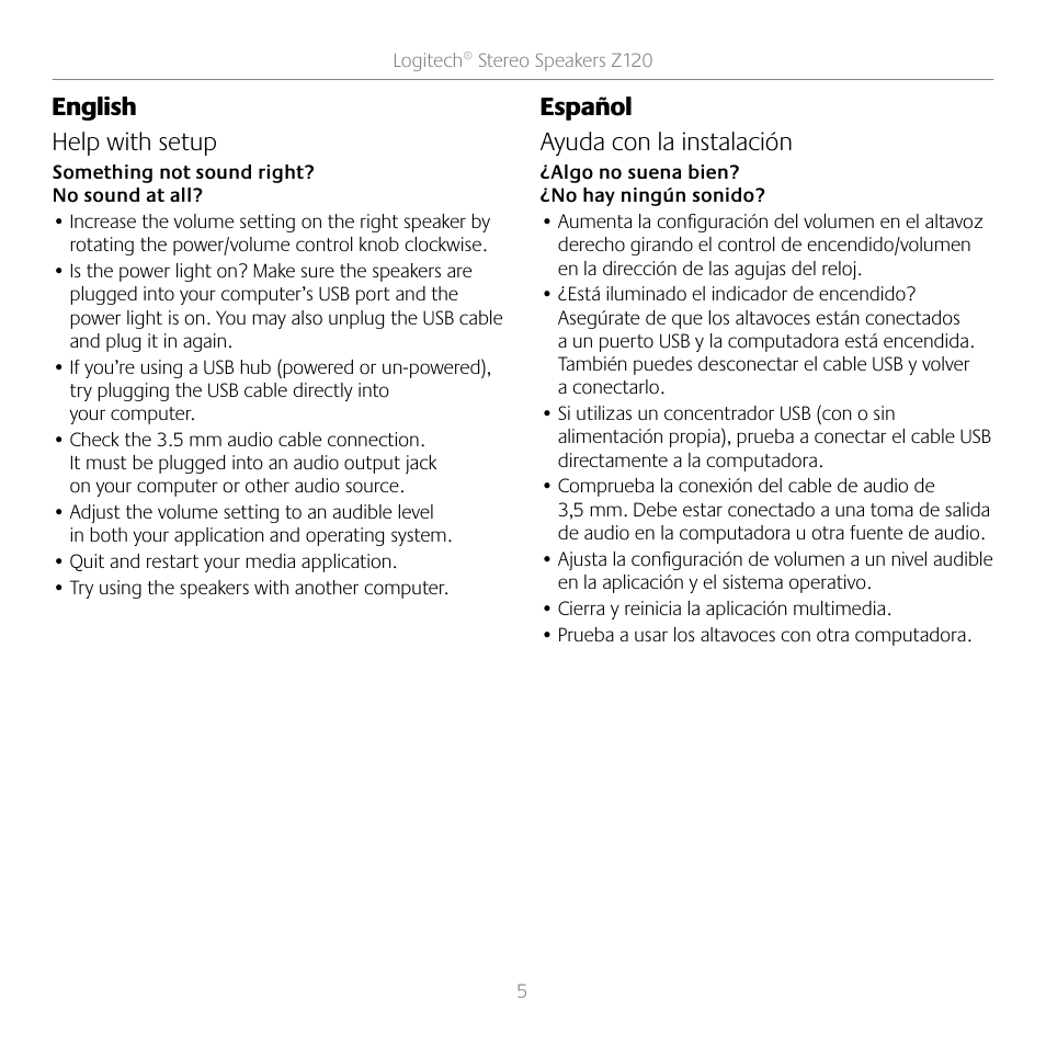 English help with setup, Español ayuda con la instalación | Logitech Stereo Speakers Z120 User Manual | Page 5 / 9