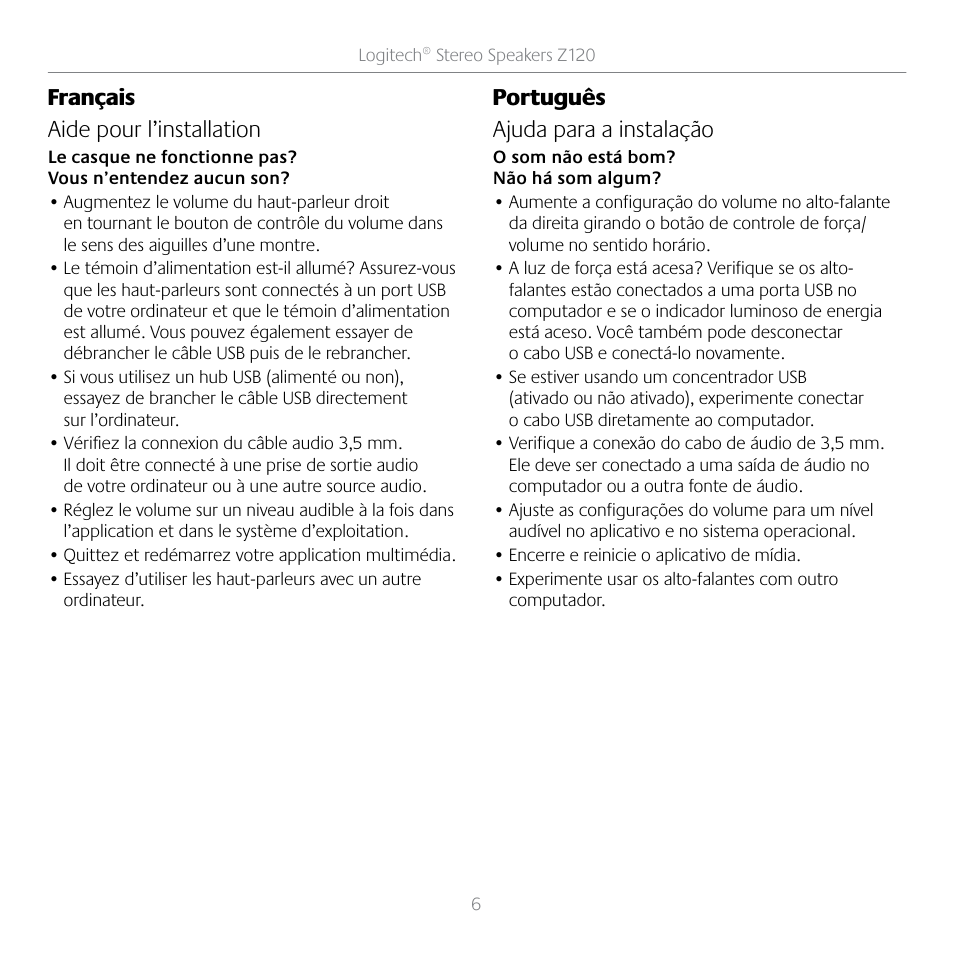 Français aide pour l’installation, Português ajuda para a instalação | Logitech Stereo Speakers Z120 User Manual | Page 6 / 9
