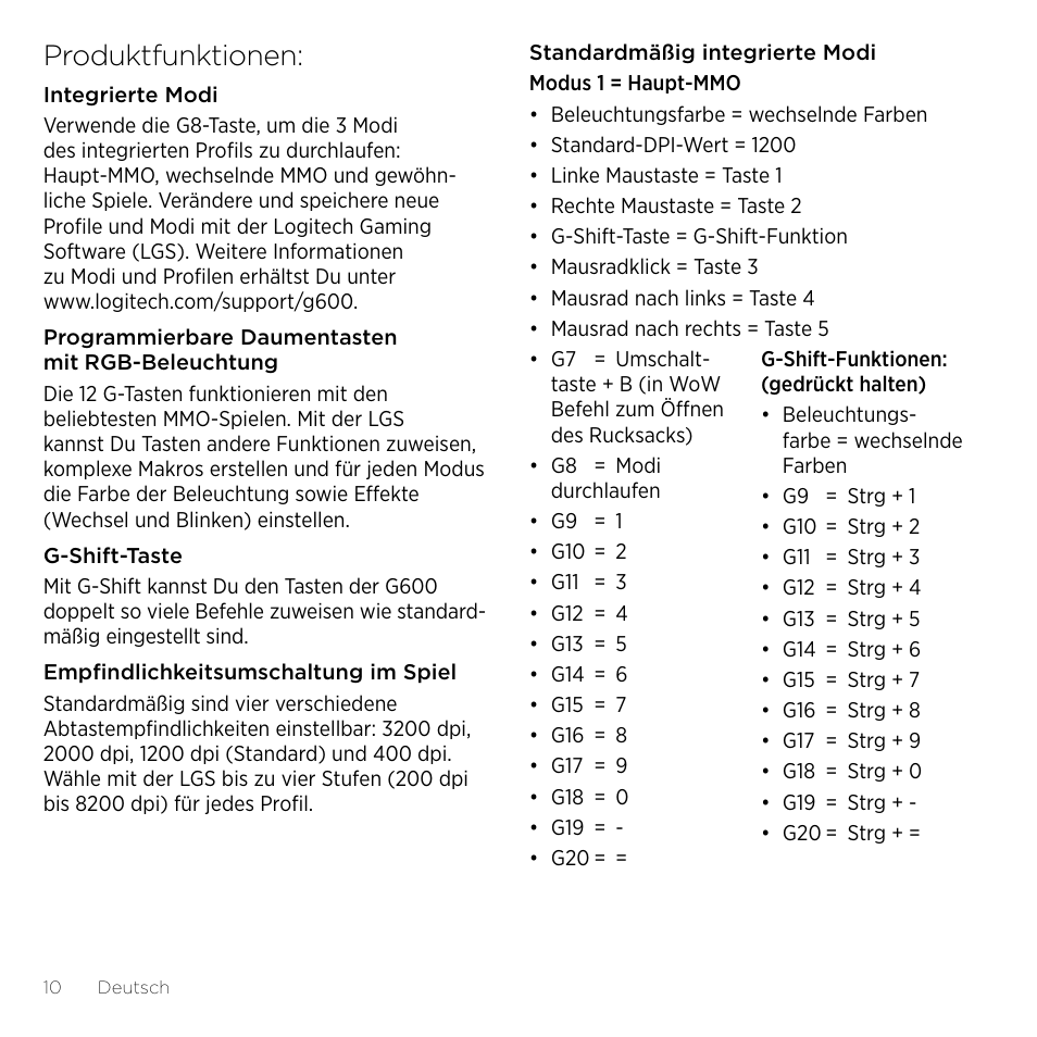 Produktfunktionen | Logitech Gaming G600 User Manual | Page 10 / 76