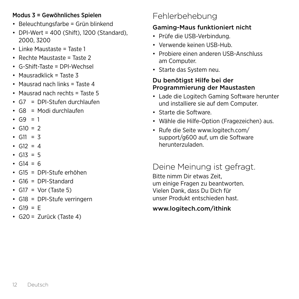 Fehlerbehebung, Deine meinung ist gefragt | Logitech Gaming G600 User Manual | Page 12 / 76