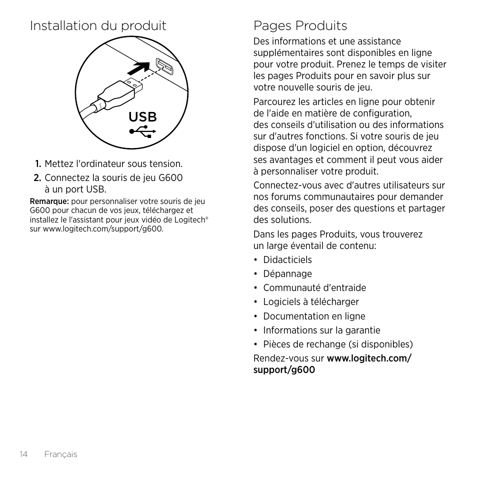 Installation du produit, Pages produits | Logitech Gaming G600 User Manual | Page 14 / 76