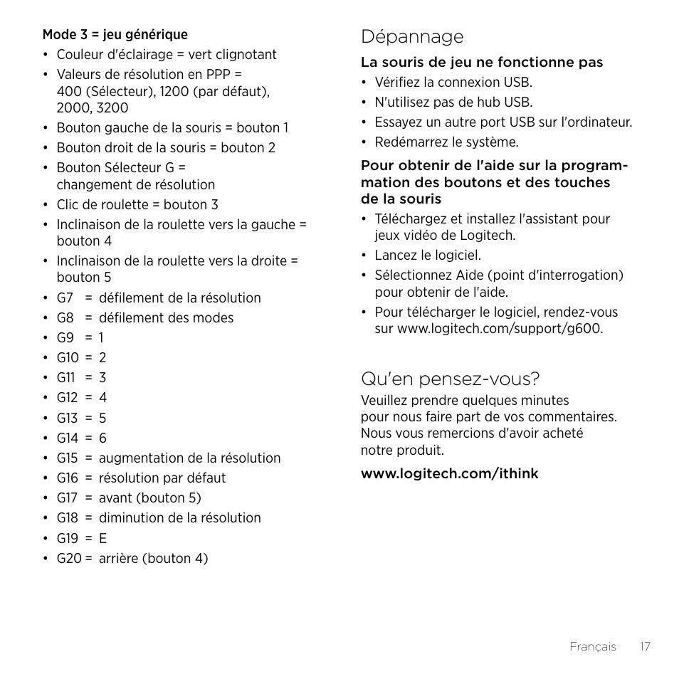 Dépannage, Qu'en pensez-vous | Logitech Gaming G600 User Manual | Page 17 / 76