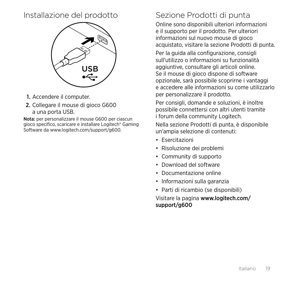 Installazione del prodotto, Sezione prodotti di punta | Logitech Gaming G600 User Manual | Page 19 / 76