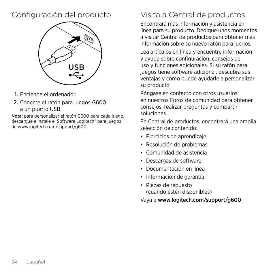 Configuración del producto, Visita a central de productos | Logitech Gaming G600 User Manual | Page 24 / 76