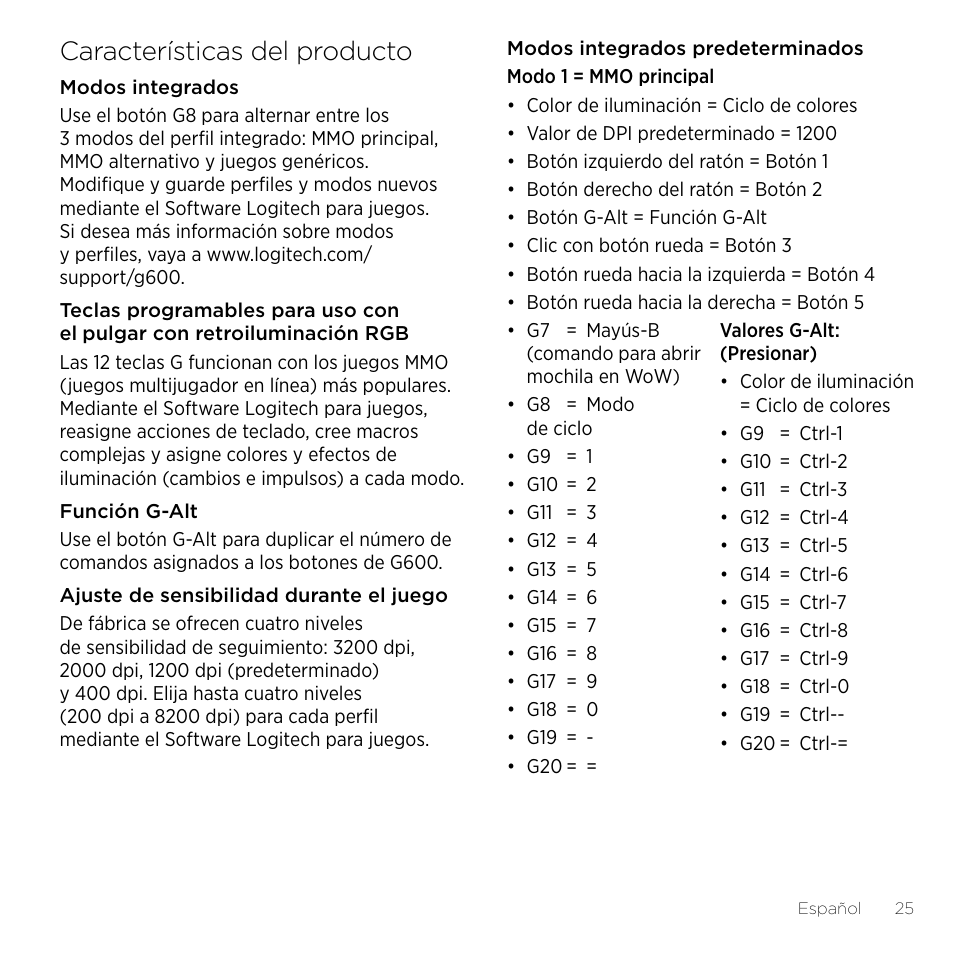 Características del producto | Logitech Gaming G600 User Manual | Page 25 / 76