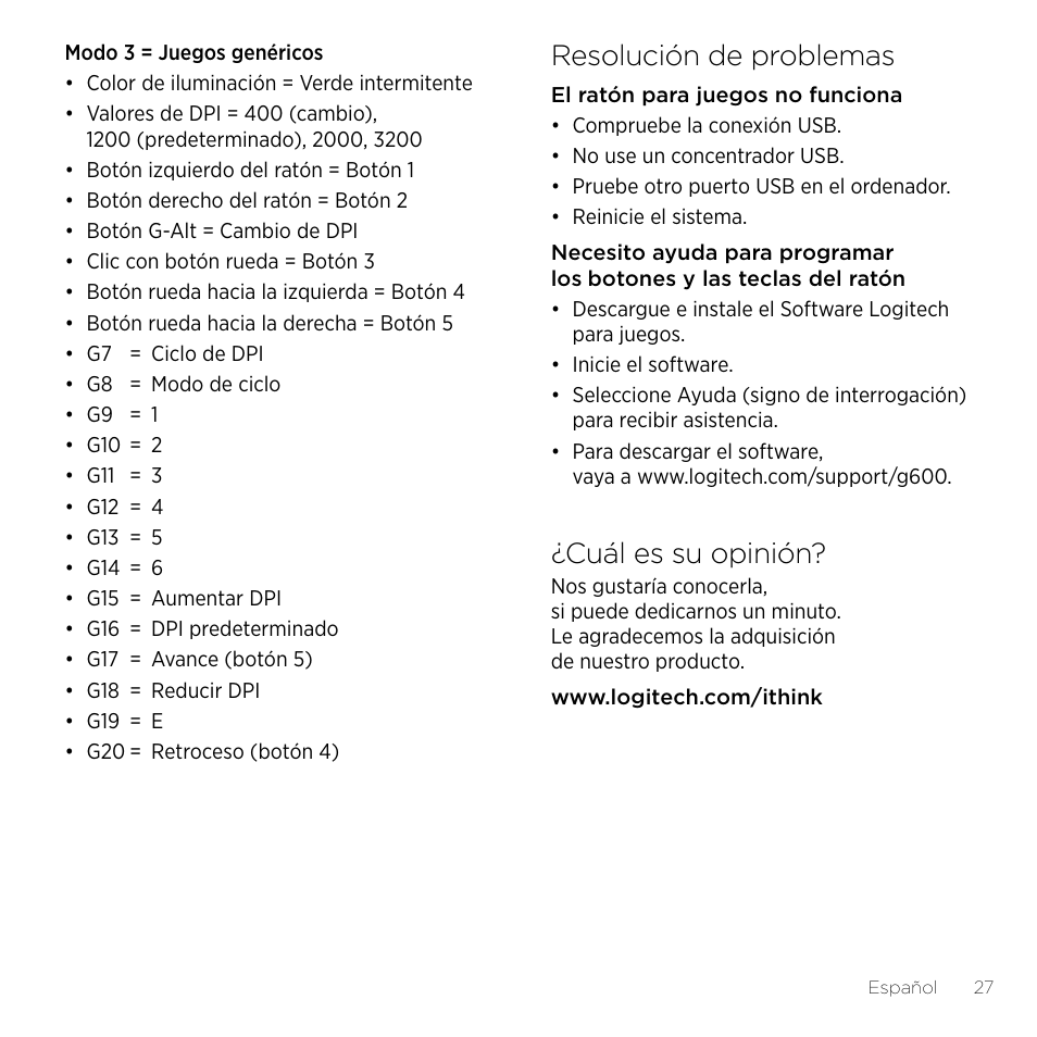 Resolución de problemas, Cuál es su opinión | Logitech Gaming G600 User Manual | Page 27 / 76