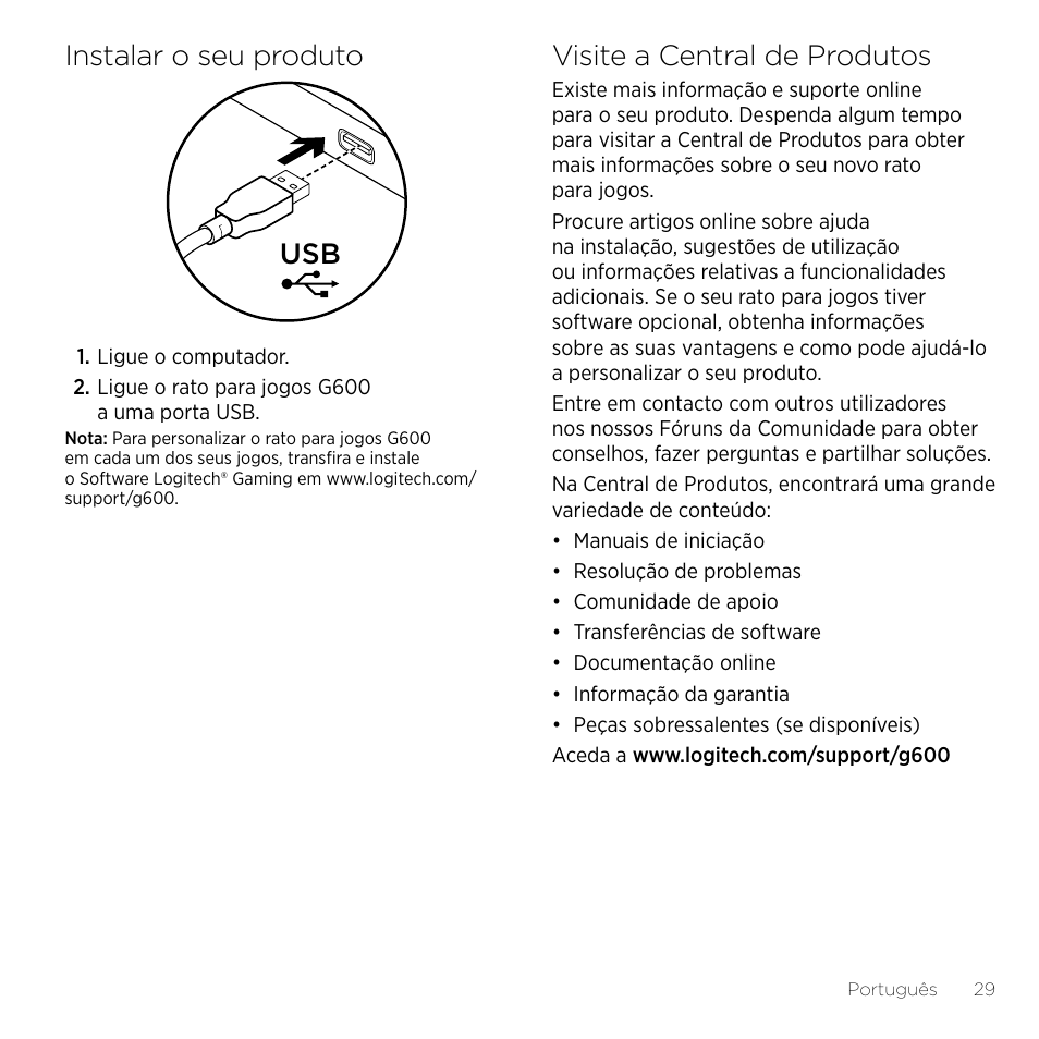 Instalar o seu produto, Visite a central de produtos | Logitech Gaming G600 User Manual | Page 29 / 76