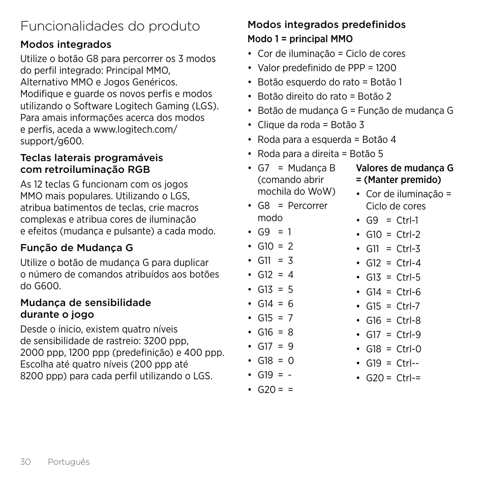 Funcionalidades do produto | Logitech Gaming G600 User Manual | Page 30 / 76