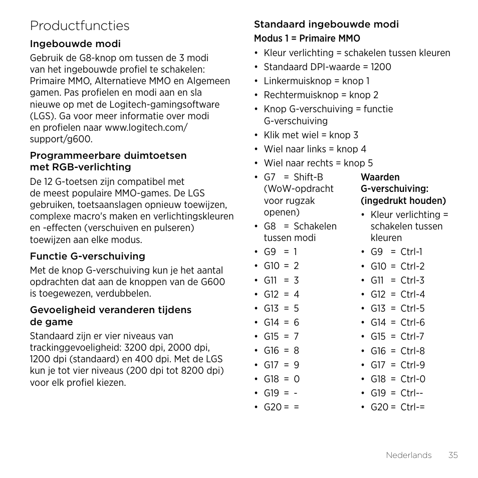 Productfuncties | Logitech Gaming G600 User Manual | Page 35 / 76