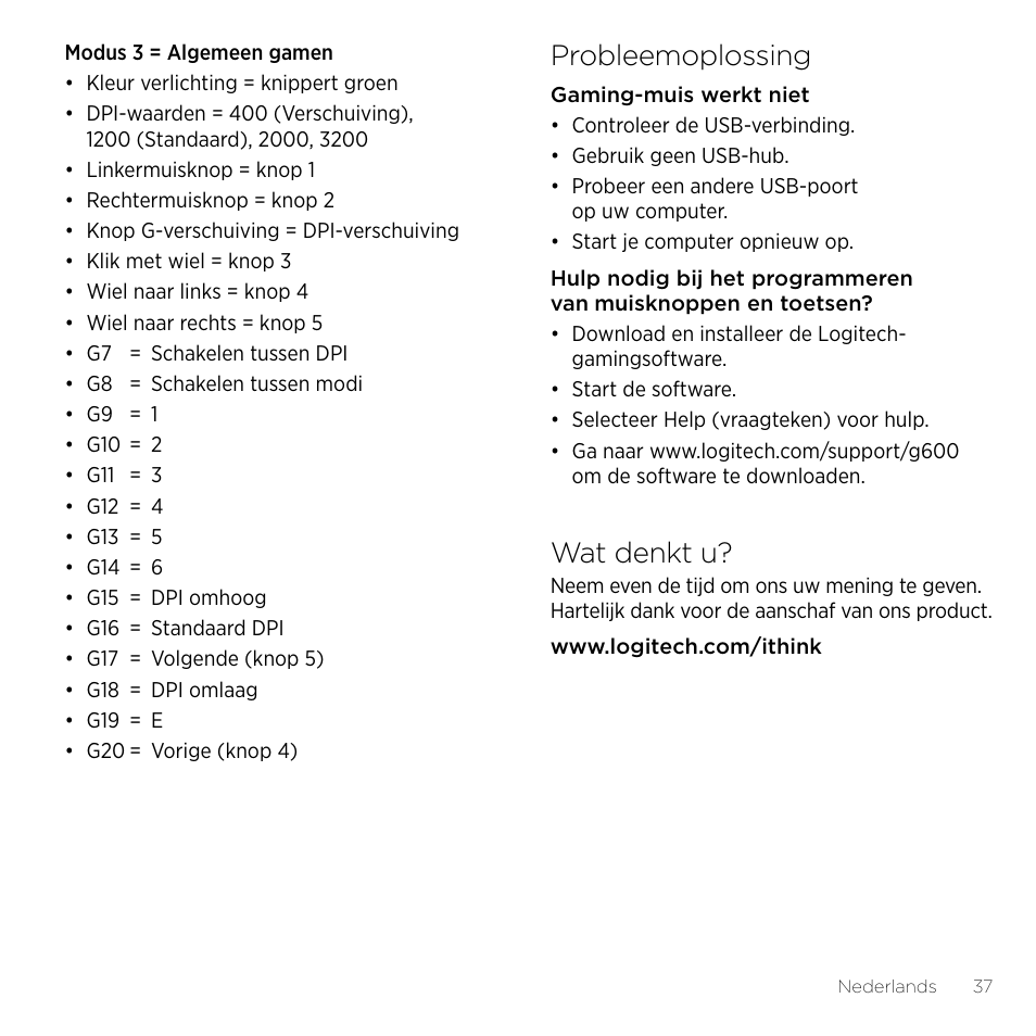 Probleemoplossing, Wat denkt u | Logitech Gaming G600 User Manual | Page 37 / 76