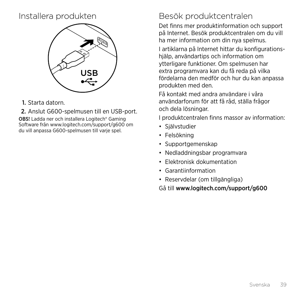 Installera produkten, Besök produktcentralen | Logitech Gaming G600 User Manual | Page 39 / 76