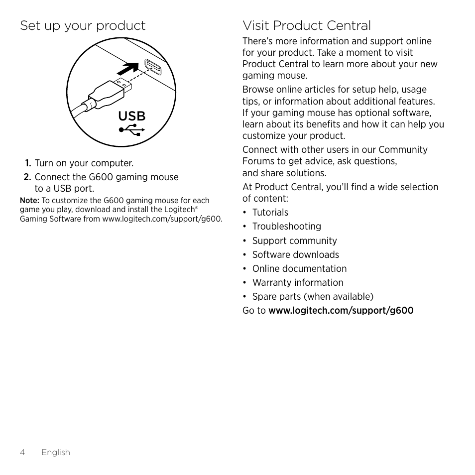 Set up your product, Visit product central | Logitech Gaming G600 User Manual | Page 4 / 76