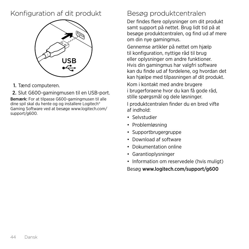 Konfiguration af dit produkt, Besøg produktcentralen | Logitech Gaming G600 User Manual | Page 44 / 76