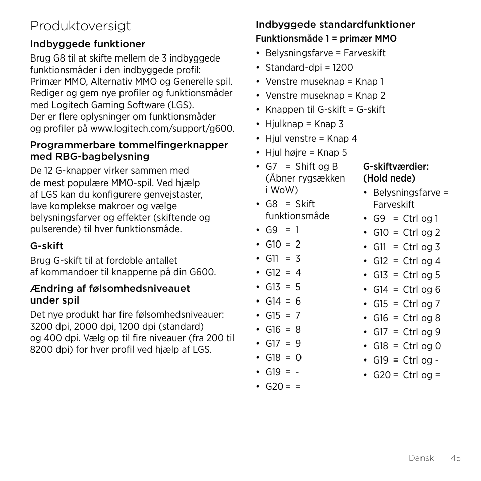 Produktoversigt | Logitech Gaming G600 User Manual | Page 45 / 76