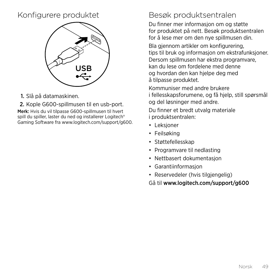 Konfigurere produktet, Besøk produktsentralen | Logitech Gaming G600 User Manual | Page 49 / 76