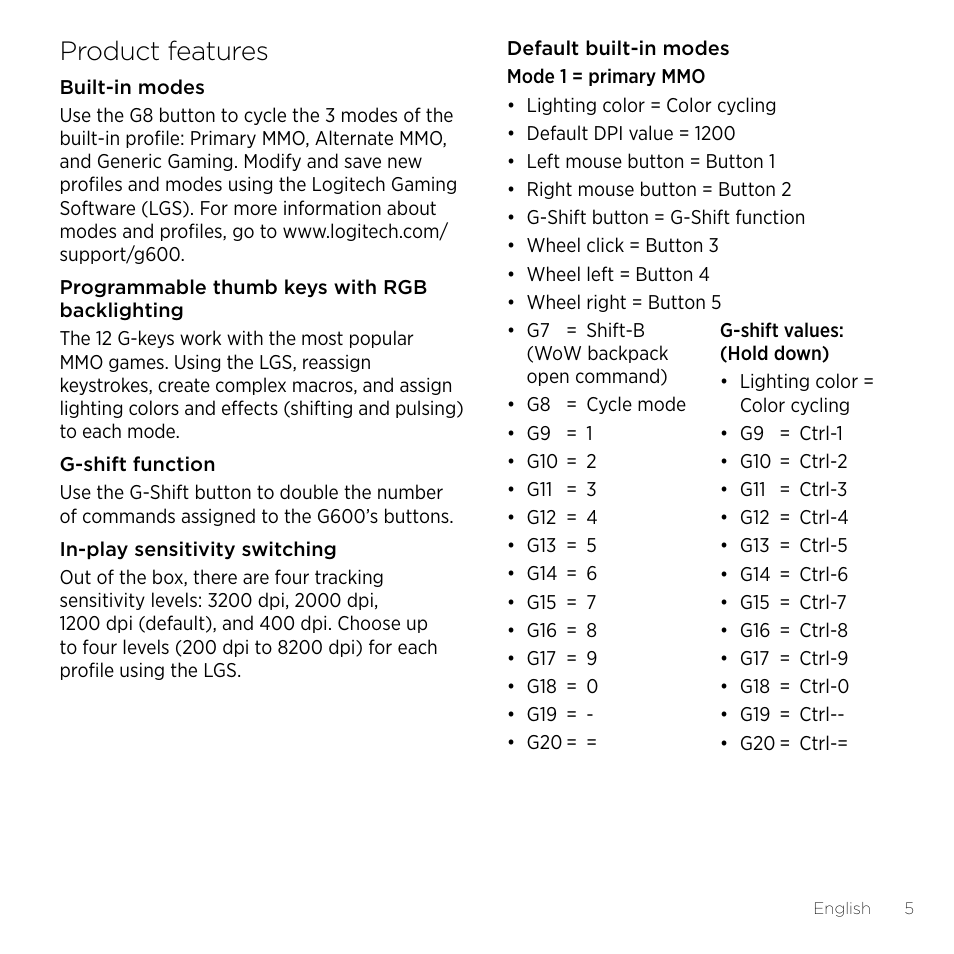 Product features | Logitech Gaming G600 User Manual | Page 5 / 76