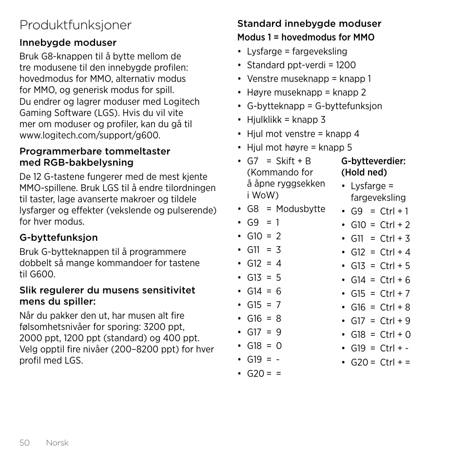 Produktfunksjoner | Logitech Gaming G600 User Manual | Page 50 / 76