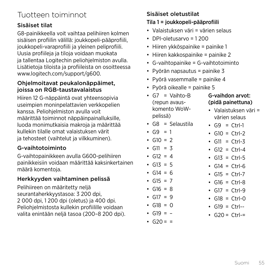 Tuotteen toiminnot | Logitech Gaming G600 User Manual | Page 55 / 76