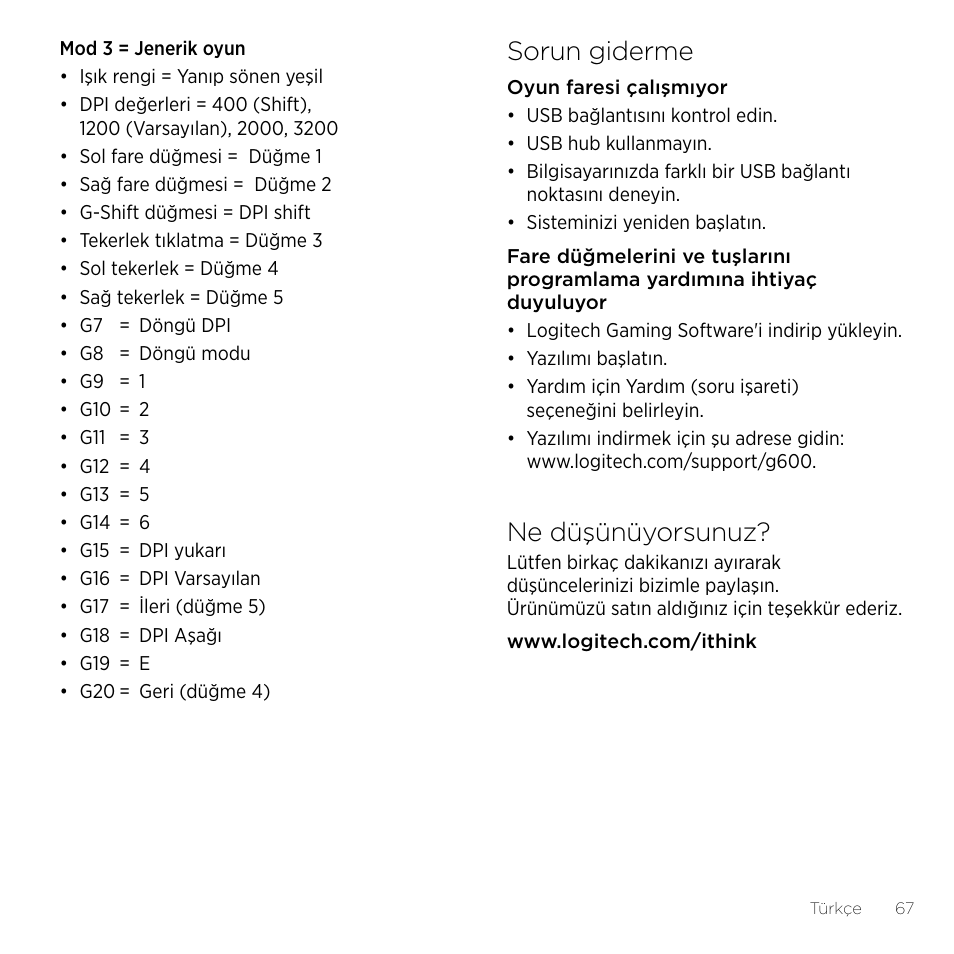 Sorun giderme, Ne düşünüyorsunuz | Logitech Gaming G600 User Manual | Page 67 / 76