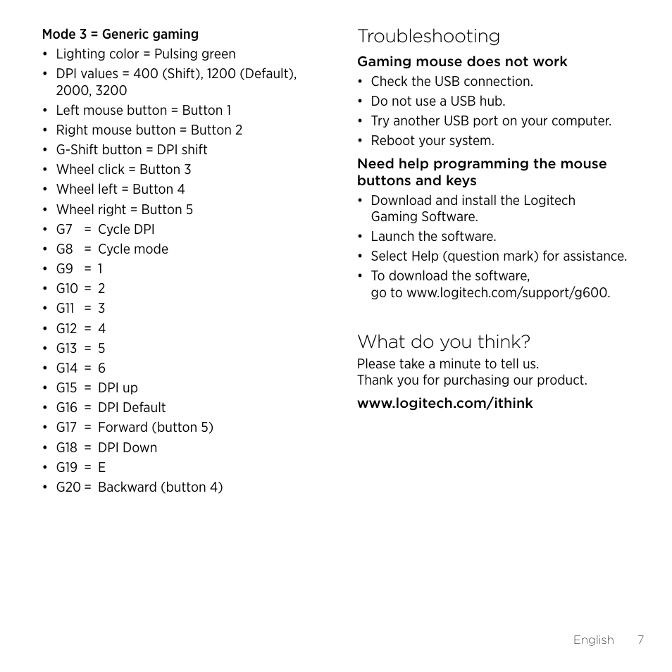 Troubleshooting, What do you think | Logitech Gaming G600 User Manual | Page 7 / 76