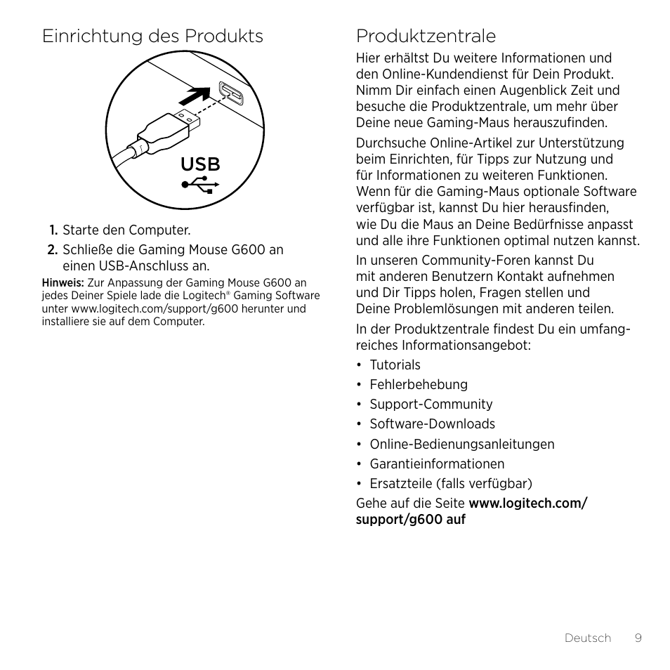 Einrichtung des produkts, Produktzentrale | Logitech Gaming G600 User Manual | Page 9 / 76