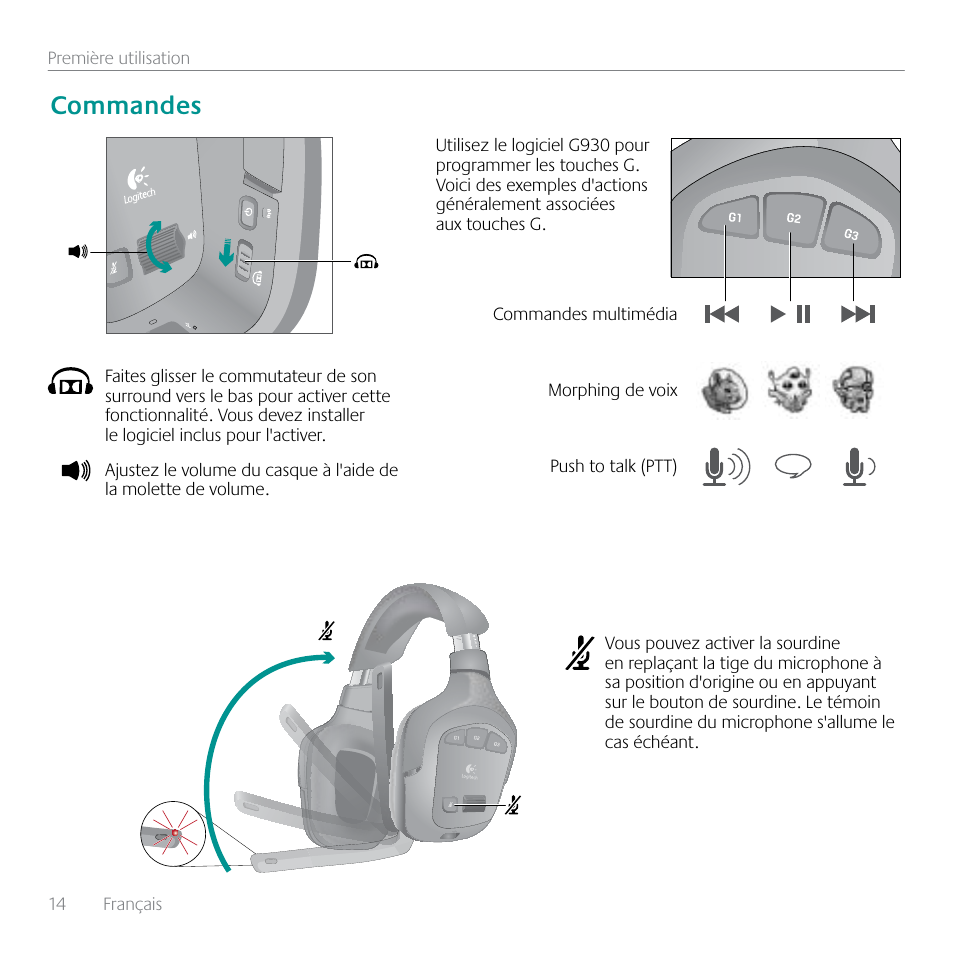 Commandes | Logitech G930 User Manual | Page 14 / 28