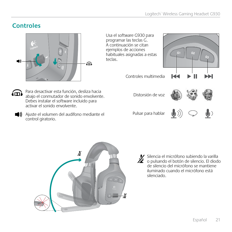 Controles | Logitech G930 User Manual | Page 21 / 28