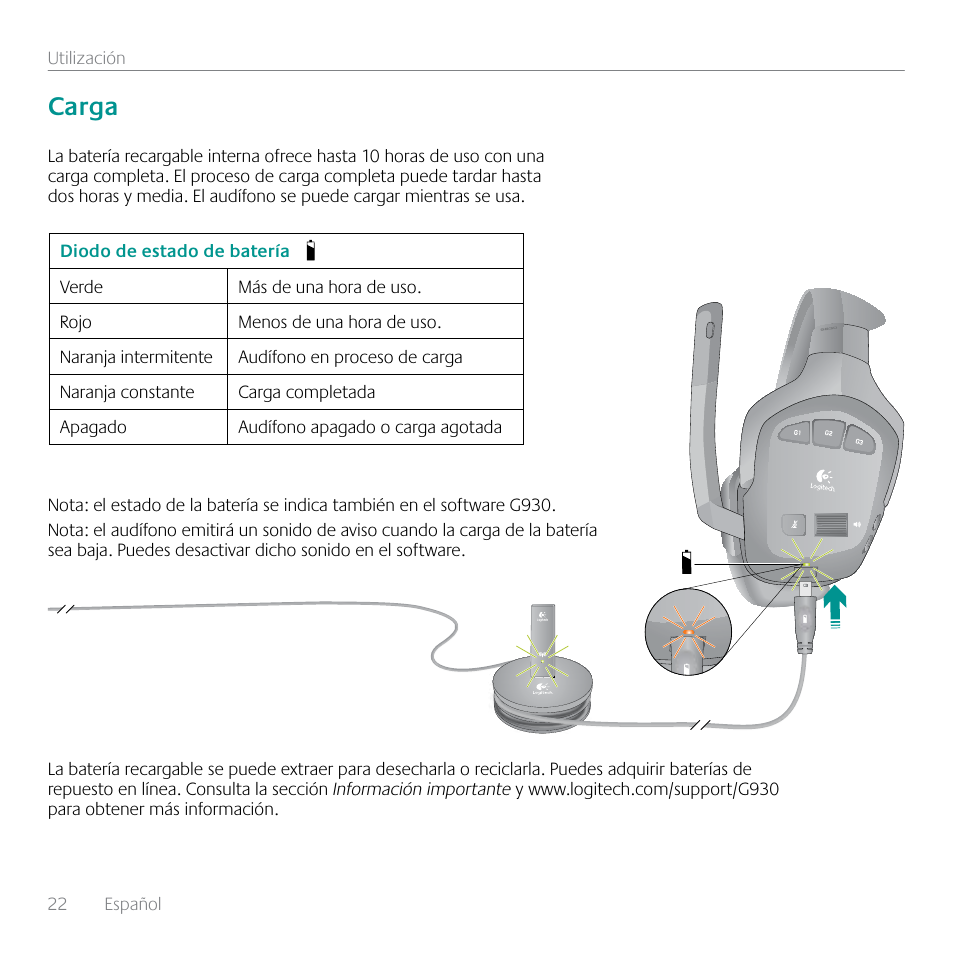 Carga | Logitech G930 User Manual | Page 22 / 28