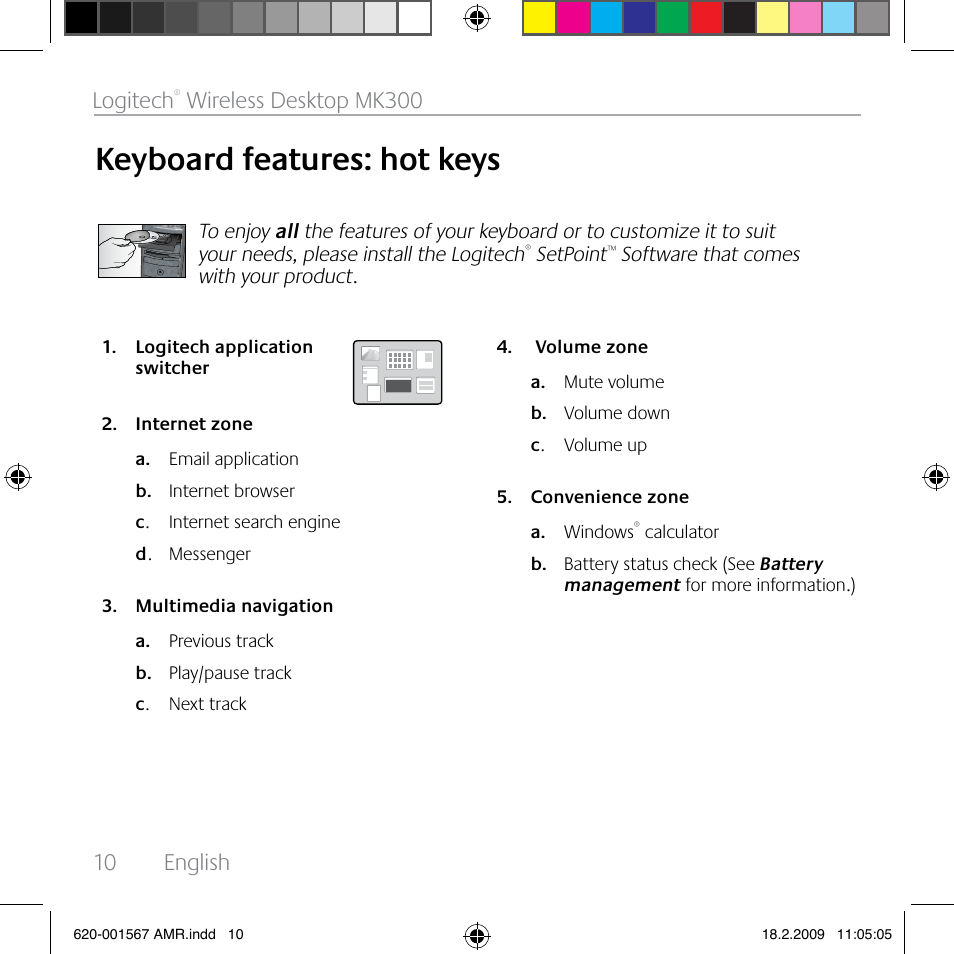 Keyboard features: hot keys, 10 english logitech, Wireless desktop mk300 | Logitech Wireless Desktop MK300 User Manual | Page 10 / 60