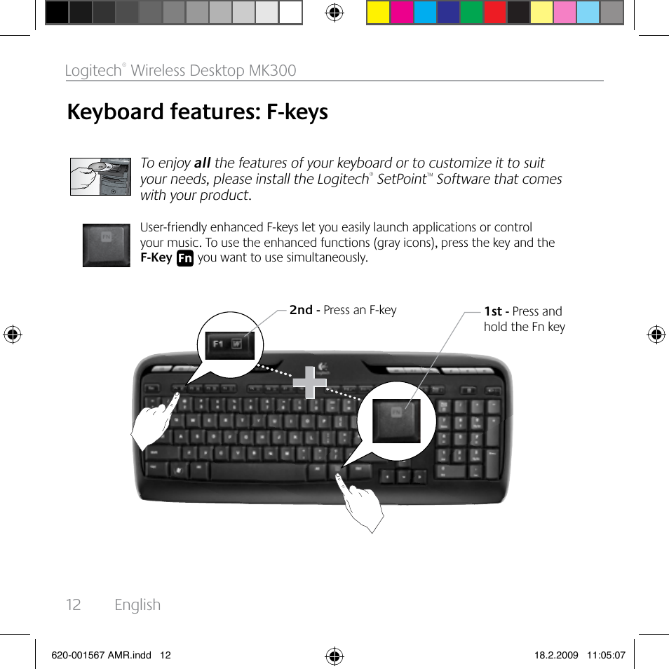 Keyboard features: f-keys, 12 english logitech, Wireless desktop mk300 | Logitech Wireless Desktop MK300 User Manual | Page 12 / 60