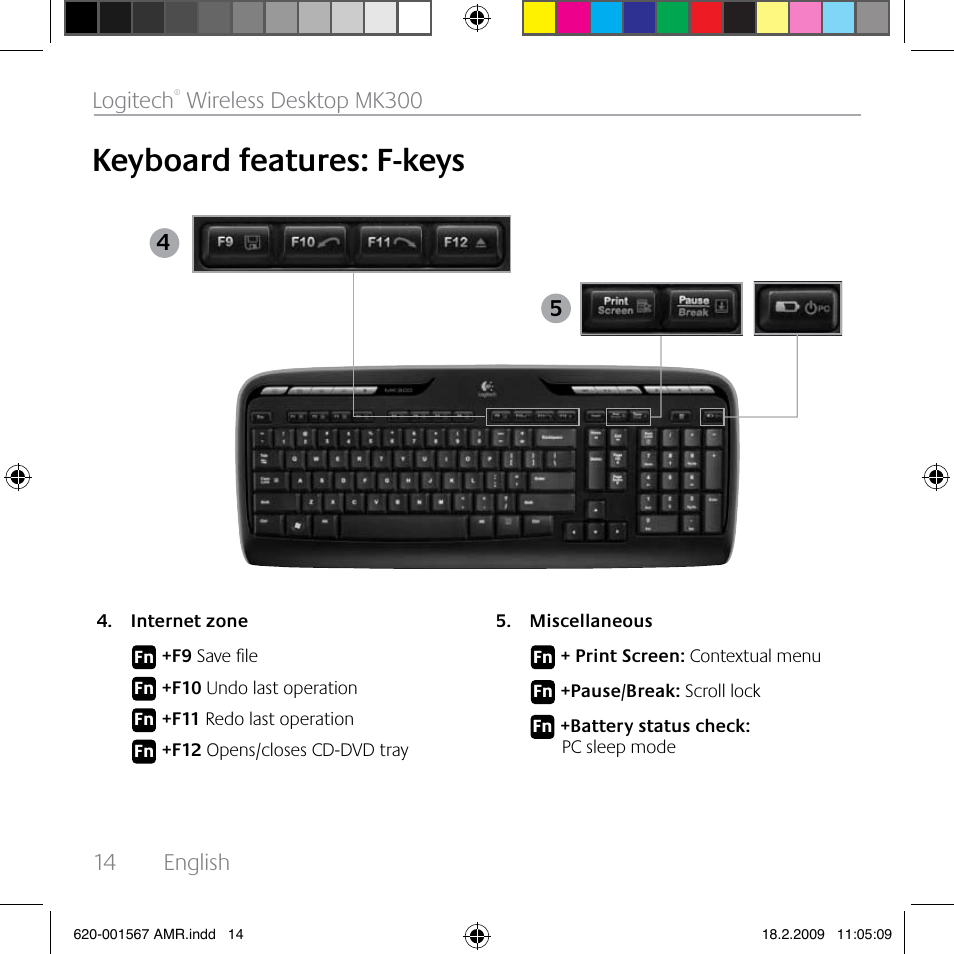 Keyboard features: f-keys, 14 english logitech, Wireless desktop mk300 | Logitech Wireless Desktop MK300 User Manual | Page 14 / 60