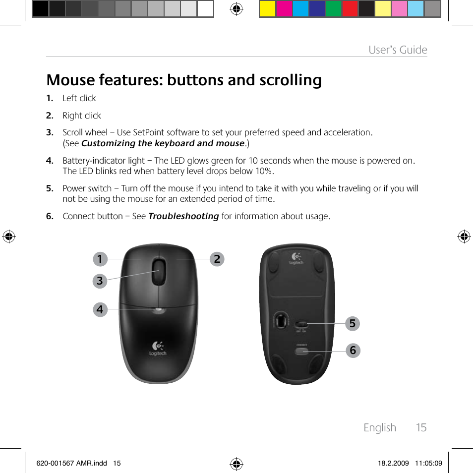 Mouse features: buttons and scrolling | Logitech Wireless Desktop MK300 User Manual | Page 15 / 60