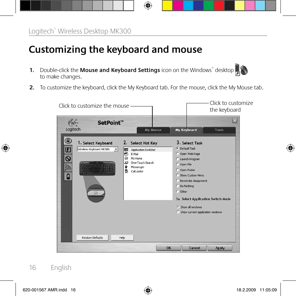 Customizing the keyboard and mouse, 16 english logitech, Wireless desktop mk300 | Logitech Wireless Desktop MK300 User Manual | Page 16 / 60