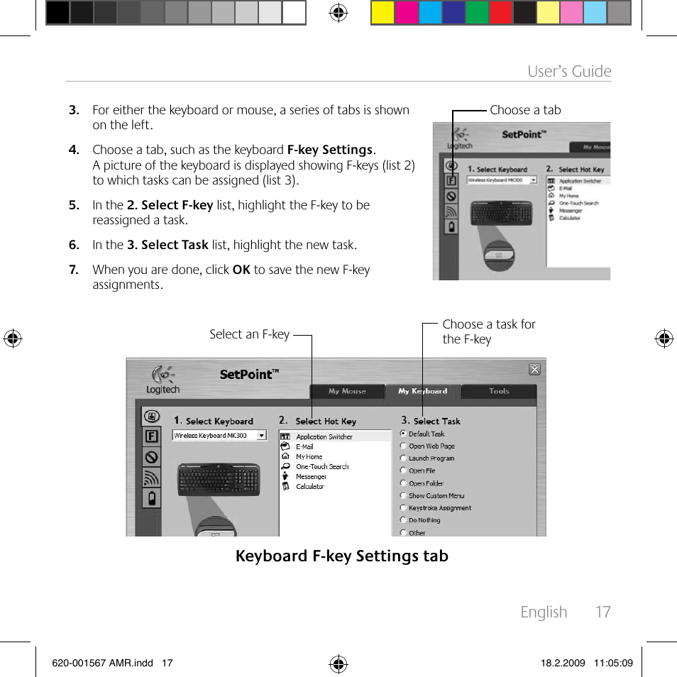 English, 17 user’s guide, Keyboard f-key settings tab | Logitech Wireless Desktop MK300 User Manual | Page 17 / 60