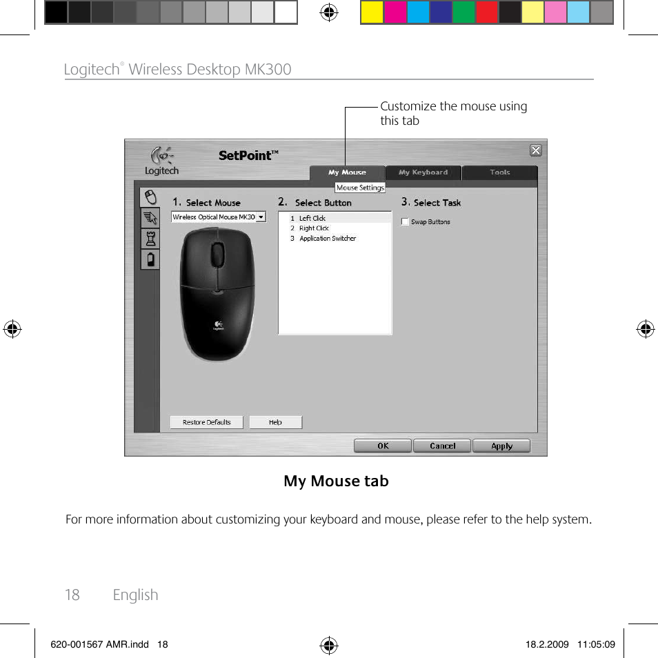 18 english logitech, Wireless desktop mk300 my mouse tab | Logitech Wireless Desktop MK300 User Manual | Page 18 / 60