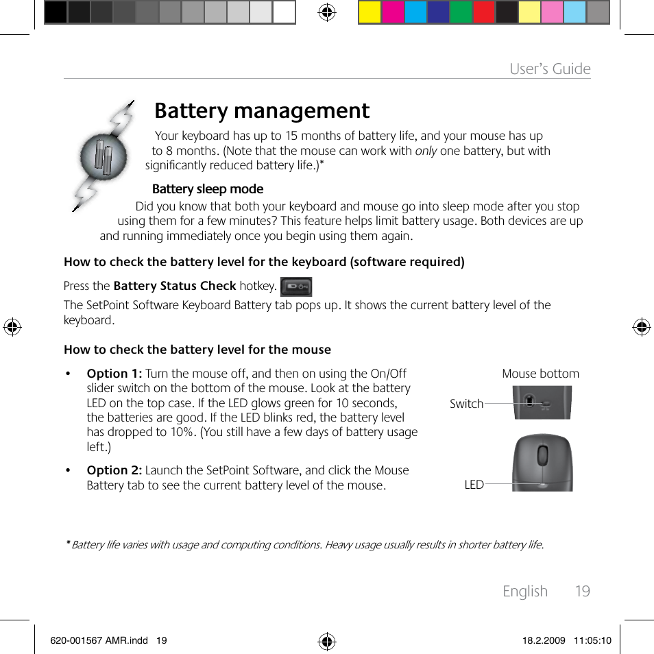Battery management, English, 19 user’s guide | Logitech Wireless Desktop MK300 User Manual | Page 19 / 60