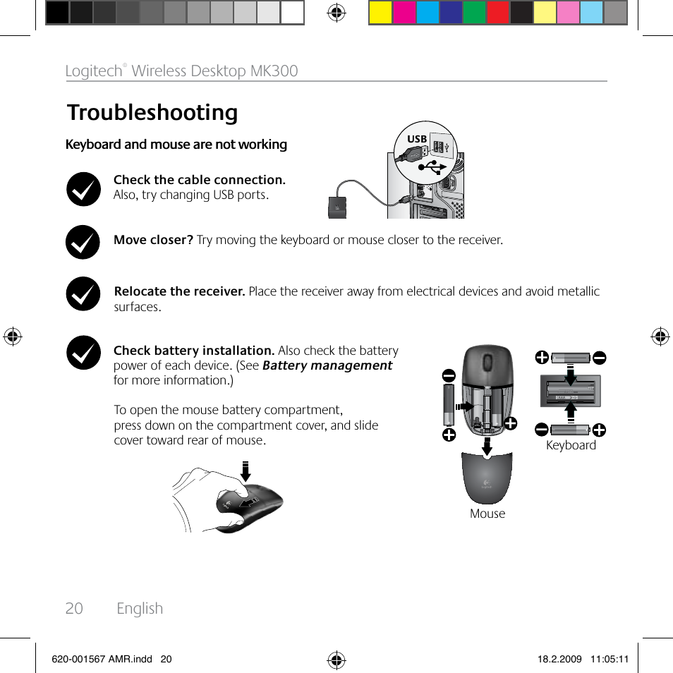 Troubleshooting, 20 english logitech, Wireless desktop mk300 | Logitech Wireless Desktop MK300 User Manual | Page 20 / 60