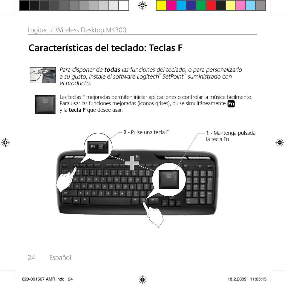Características del teclado: teclas f, 24 español logitech, Wireless desktop mk300 | Logitech Wireless Desktop MK300 User Manual | Page 24 / 60