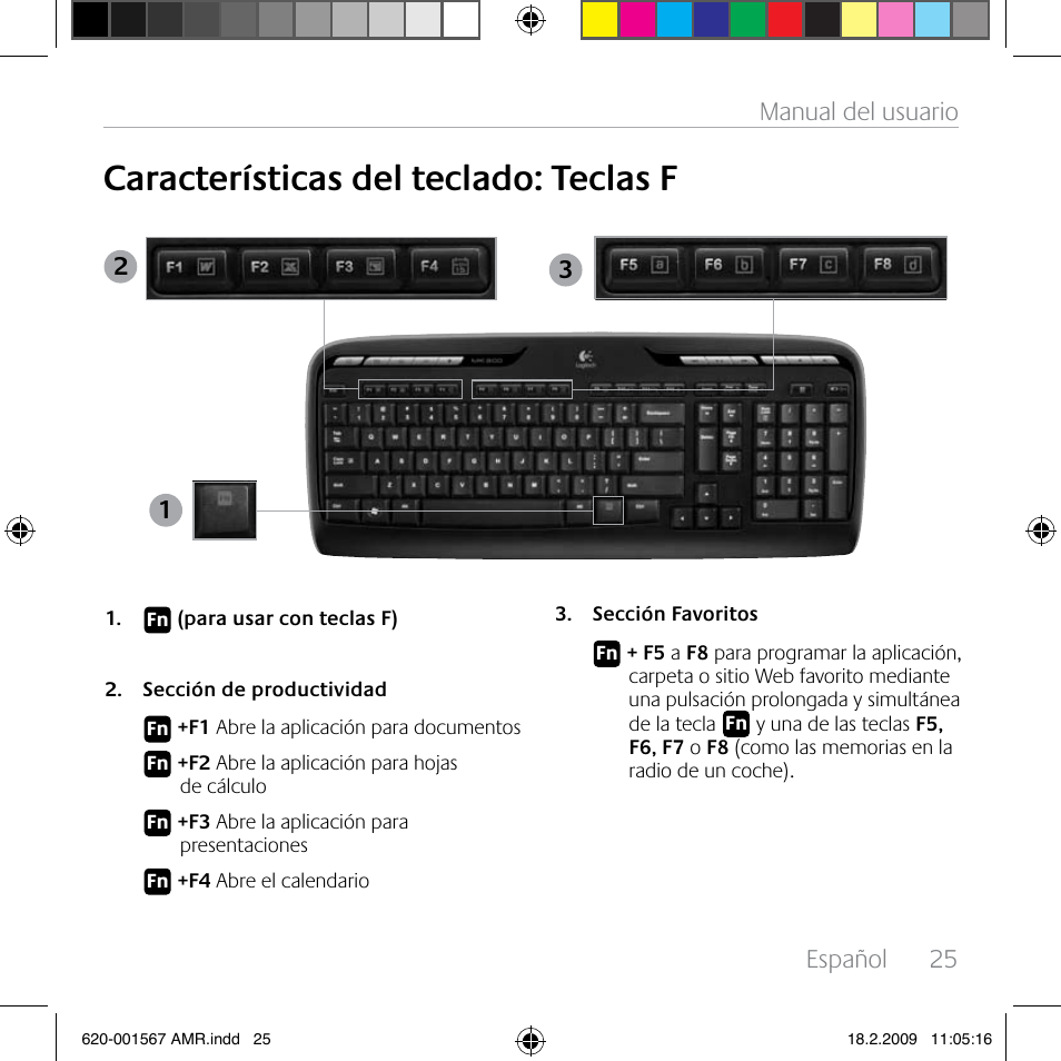 Características del teclado: teclas f, Español, 25 manual del usuario | Logitech Wireless Desktop MK300 User Manual | Page 25 / 60