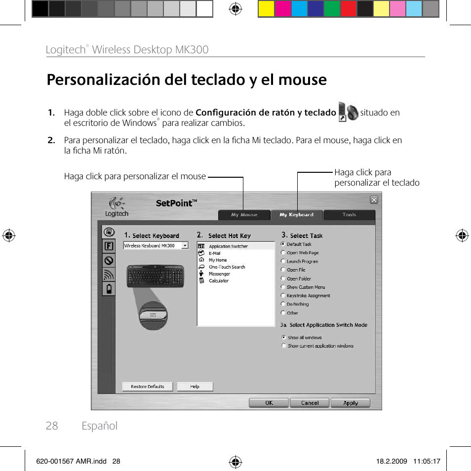 Personalización del teclado y el mouse, 28 español logitech, Wireless desktop mk300 | Logitech Wireless Desktop MK300 User Manual | Page 28 / 60