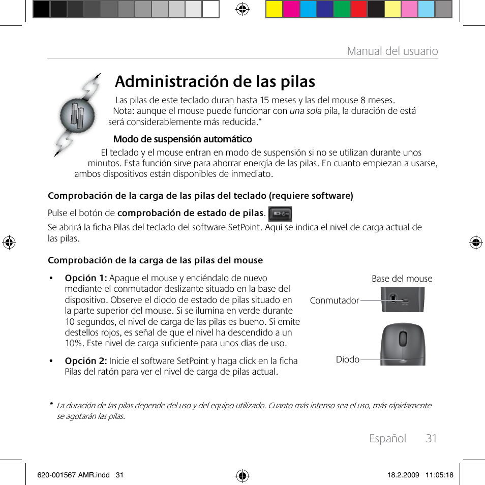 Administración de las pilas, Español, 31 manual del usuario | Logitech Wireless Desktop MK300 User Manual | Page 31 / 60