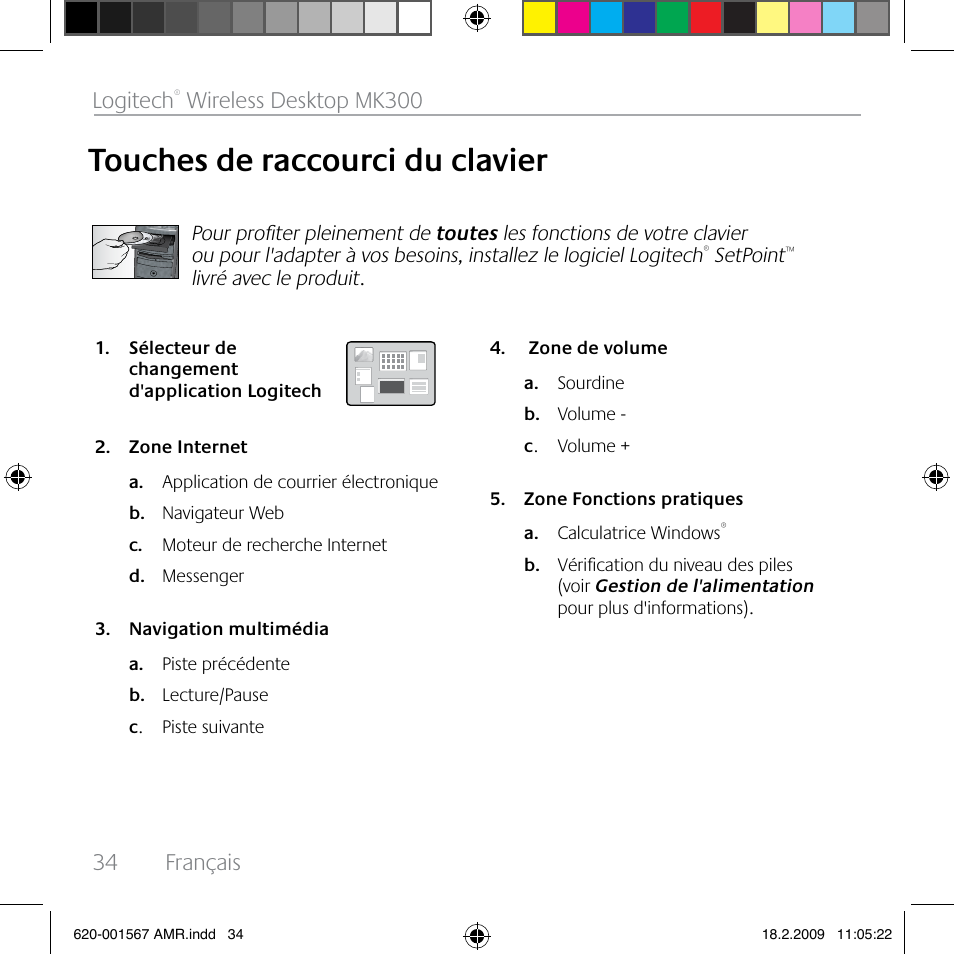Touches de raccourci du clavier, 34 français logitech, Wireless desktop mk300 | Logitech Wireless Desktop MK300 User Manual | Page 34 / 60