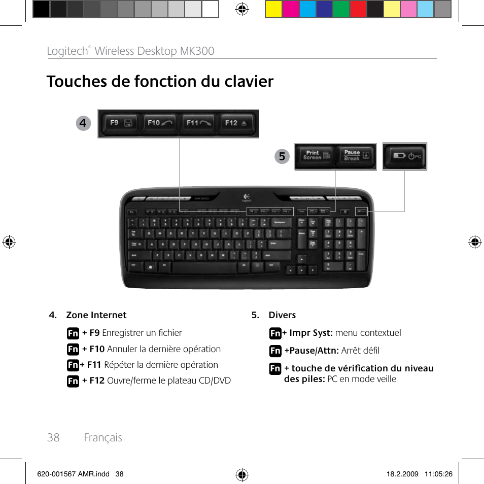 Touches de fonction du clavier, 38 français logitech, Wireless desktop mk300 | Logitech Wireless Desktop MK300 User Manual | Page 38 / 60