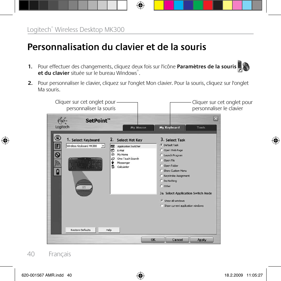 Personnalisation du clavier et de la souris, 40 français logitech, Wireless desktop mk300 | Logitech Wireless Desktop MK300 User Manual | Page 40 / 60