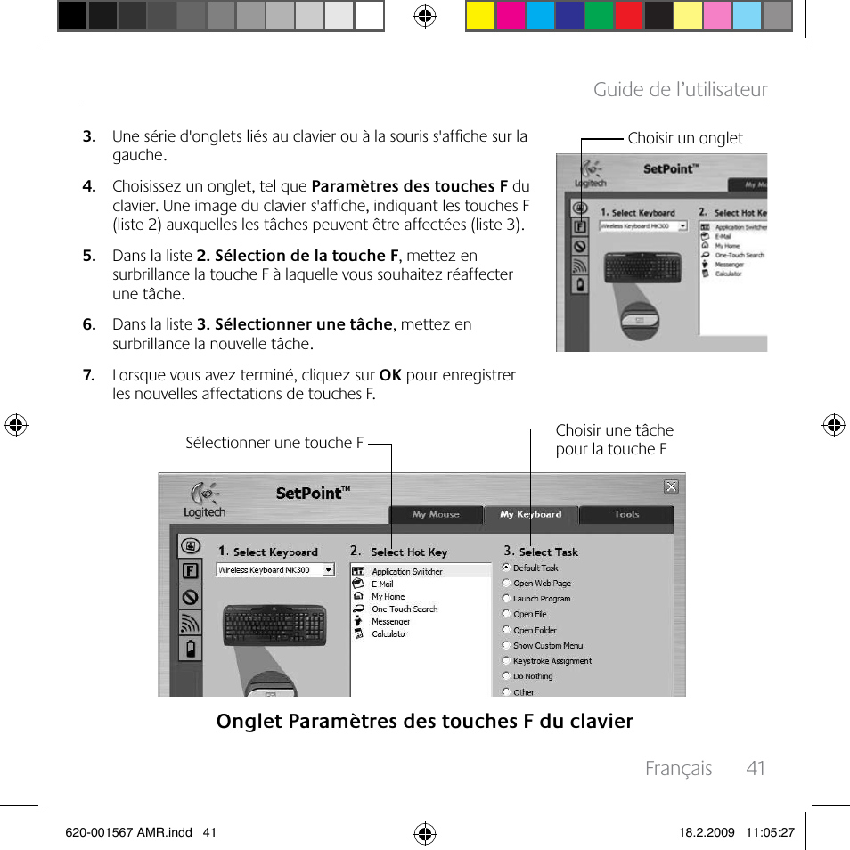 Français, 41 guide de l’utilisateur, Onglet paramètres des touches f du clavier | Logitech Wireless Desktop MK300 User Manual | Page 41 / 60